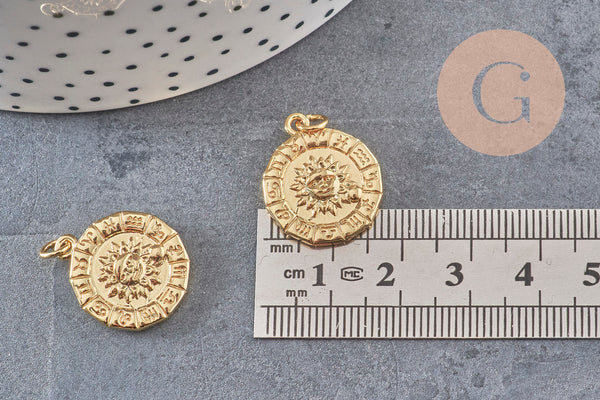 Pendentif soleil zodiaque doré 18K,pendentif doré horoscope,porte-bonheur,laiton doré, Pendentif soleil,21mm, x1 (G3165)