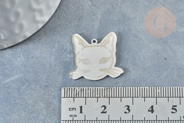Pendentif tête de chat mystique argenté acier inoxydable 22mm pour la création de bijoux en acier inoxydable, x1 G7614