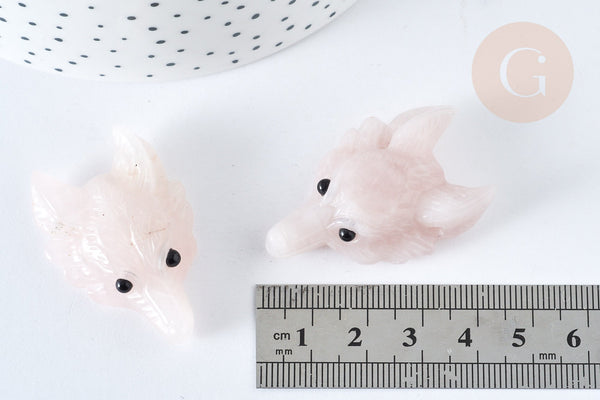 Pendentif tête de loup quartz rose 37-42 mm, pierre naturelle, x1 (G7557)