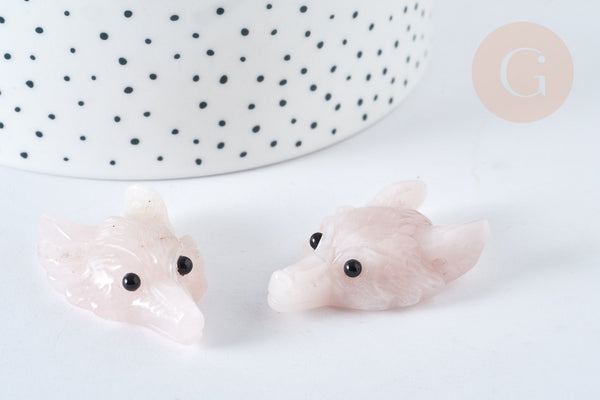 Pendentif tête de loup quartz rose 37-42 mm, pierre naturelle, x1 (G7557)