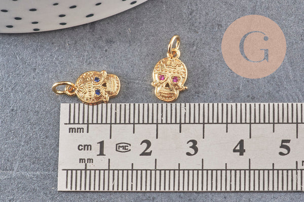 Pendentif tête de mort laiton doré zircons, pendentif sans nickel, pendentif laiton doré,12.5mm, x1 (G5428)
