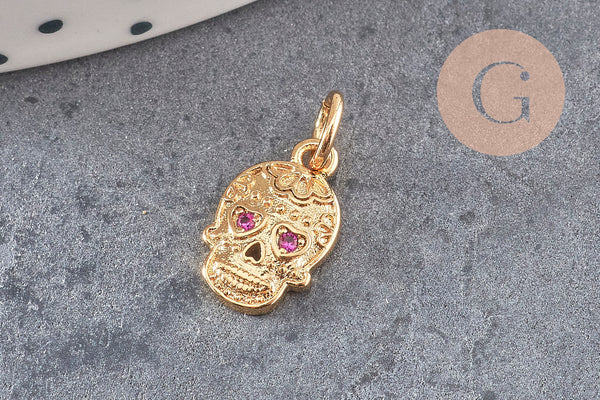 Pendentif tête de mort laiton doré zircons, pendentif sans nickel, pendentif laiton doré,12.5mm, x1 (G5428)