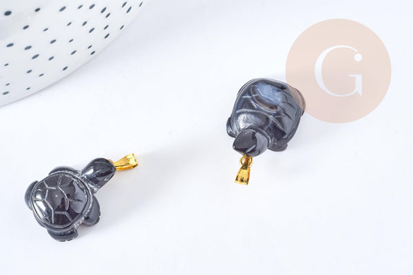 Pendentif tortue agate naturelle noire support doré 21mm, pendentif pierre création bijoux, x1, G8638