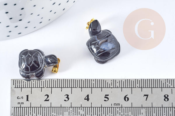 Pendentif tortue agate naturelle noire support doré 21mm, pendentif pierre création bijoux, x1, G8638