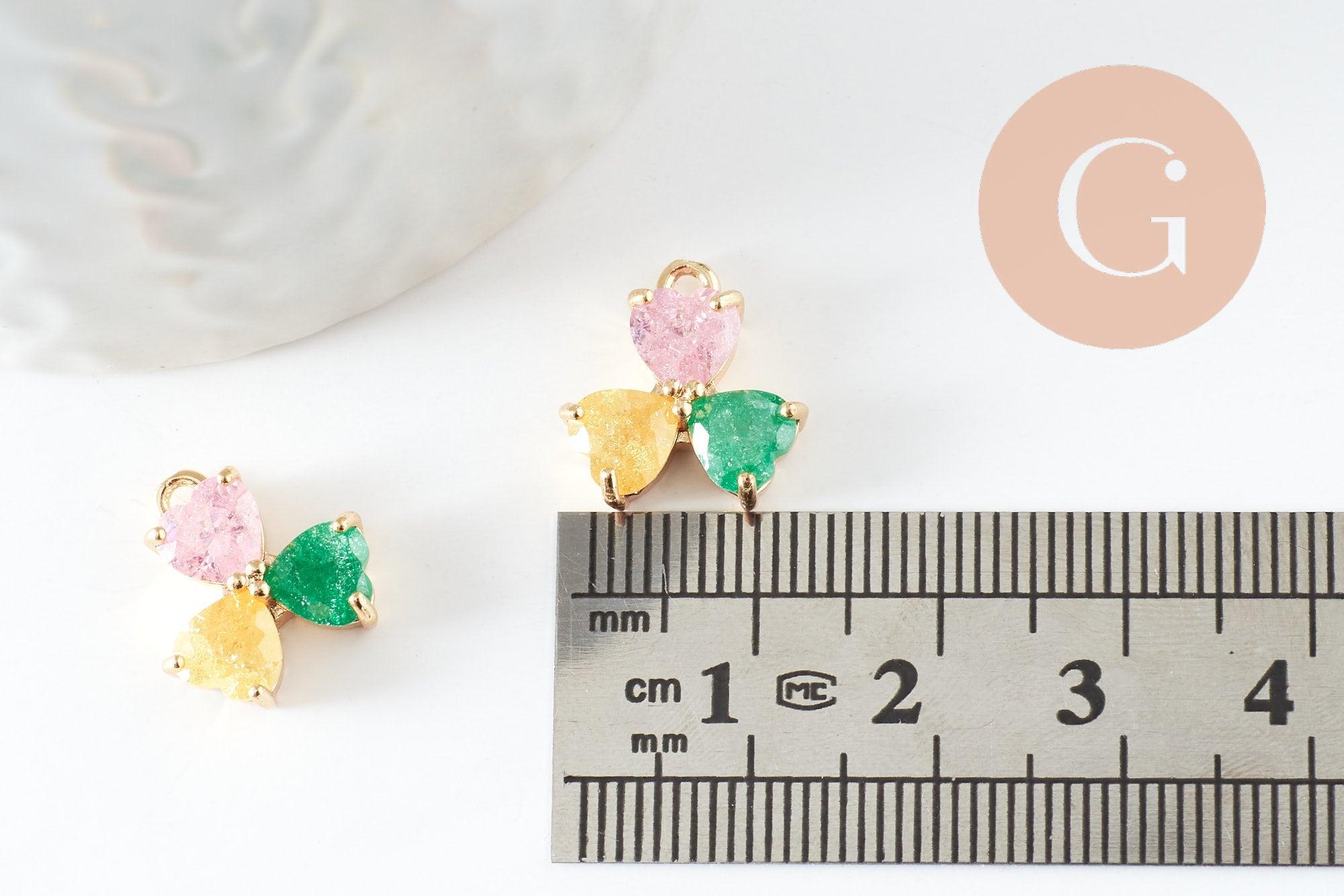 Pendentif trèfle trois feuille laiton doré 18K et zircons colorés,breloque laiton feuille, 14mm, x1 (G4457)