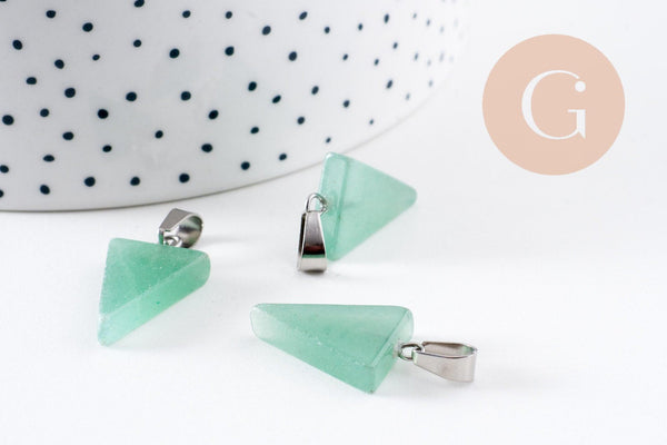 Pendentif triangle aventurine verte naturelle acier inoxydable platine 24mm, x1 (G10060)