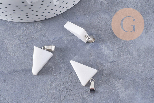 Pendentif triangle jade naturel blanc acier inoxydable platine 24mm, x1 (G10059)