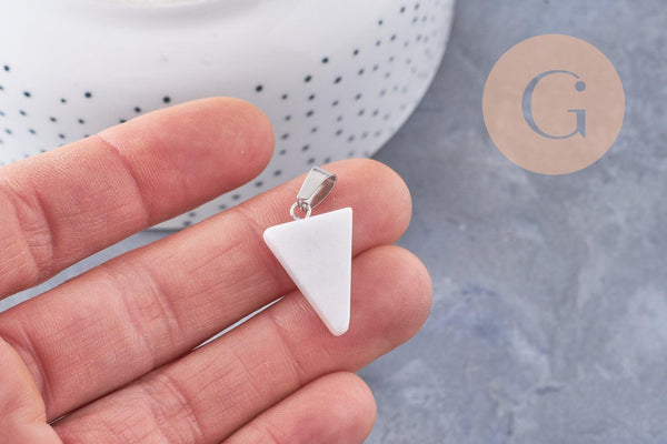 Pendentif triangle jade naturel blanc acier inoxydable platine 24mm, x1 (G10059)