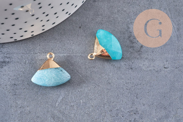 Pendentif triangle jade naturel bleu laiton doré facettes 20mm,x1 (G1237)