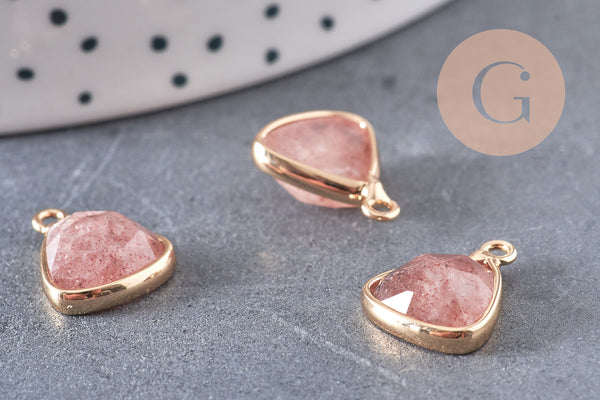 Pendentif triangle quartz fraise, pendentif pierre, support doré, création bijoux pierre naturelle, pierre naturelle, 19mm, x1, G5628