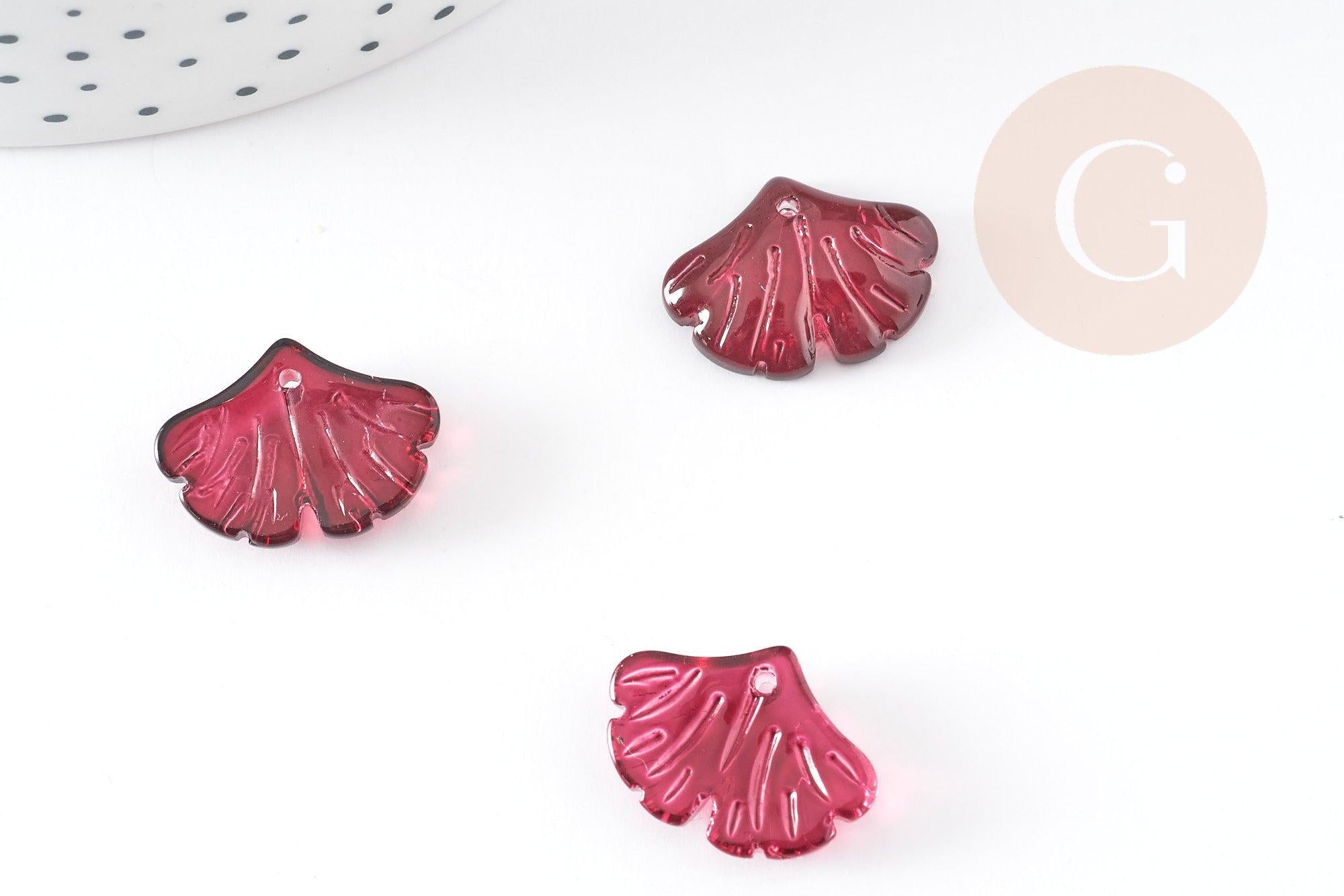 Pendentif verre fuchsia feuille gingko,pendentif verre pour création bijoux, 15x20mm, x10 (G4702)