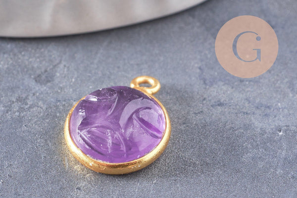 Pendentif visage de lune améthyste naturel argent 925 doré 18K 19mm,pendentif amulette pierre naturelle x1 (G9874)