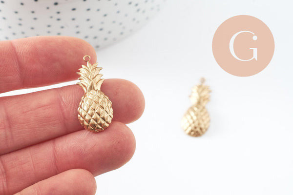 Pendentifs Ananas laiton brut 29mm, pendentif laiton brut, bijou tropical,sans nickel,tropical, x5 (G1609)