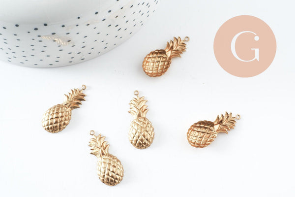 Pendentifs Ananas laiton brut 29mm, pendentif laiton brut, bijou tropical,sans nickel,tropical, x5 (G1609)