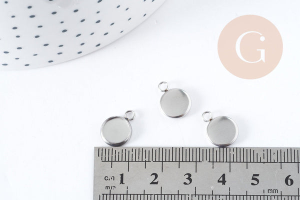 Pendentifs Supports cabochons ronds acier 304 inoxydable platine 8mm, x10 (G8941)