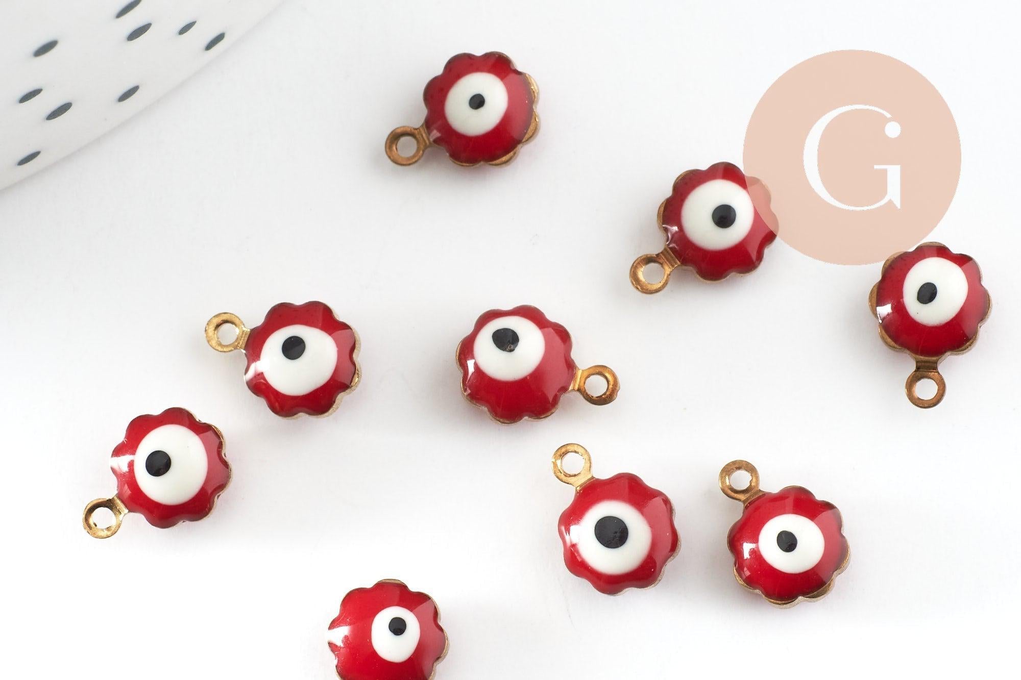 Pendentifs doré Fleur émail rouge, mauvais oeil, laiton doré, pendentif chance, 9mm, x10 G1576