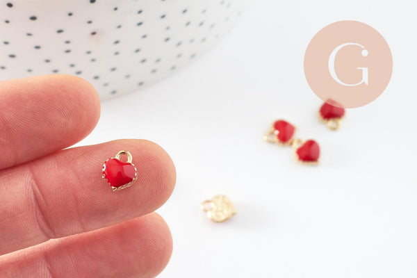 Pendentifs doré cœur émail rouge, pendentif coeur, métal doré, pendentif amour,8mm, x10 G4617