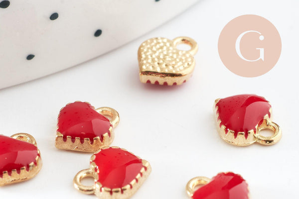 Pendentifs doré cœur émail rouge, pendentif coeur, métal doré, pendentif amour,8mm, x10 G4617