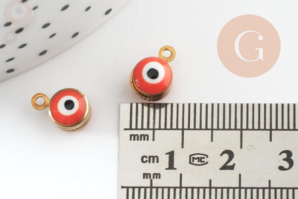 Pendentifs doré émail orange, mauvais oeil, laiton doré, pendentif chance,10mm, x10 G4613