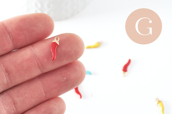 Pendentifs doré piment émail multicolore 15mm, breloque laiton doré coloré pour création bijoux, x10 (G8806)