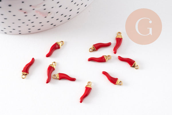 Pendentifs doré piment émail rouge 15mm,breloque laiton doré, pendentif coloré,création bijoux, x10 G2962