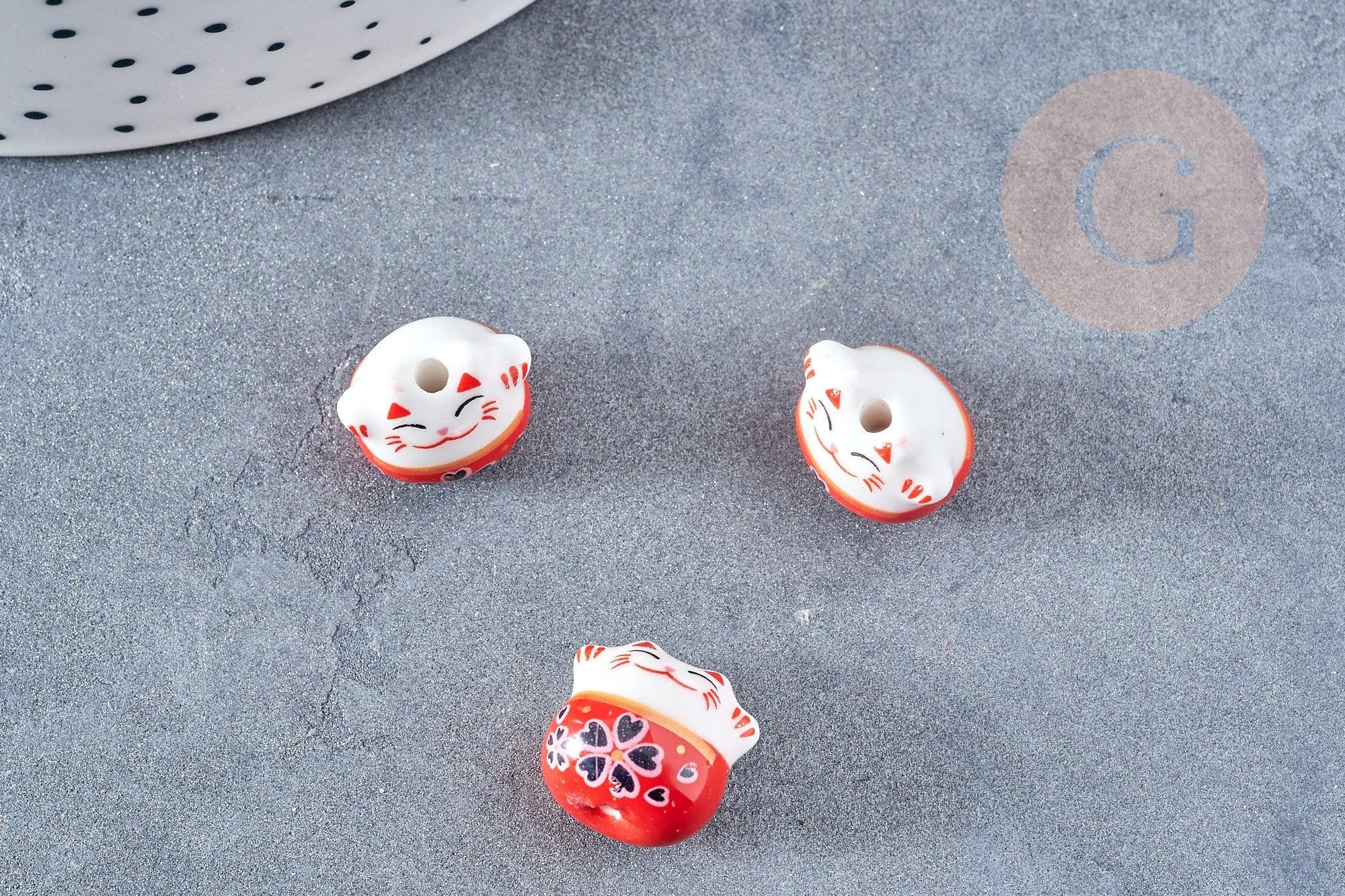 Perle Chat chanceux porcelaine rouge 14mm, x5 (G8681)