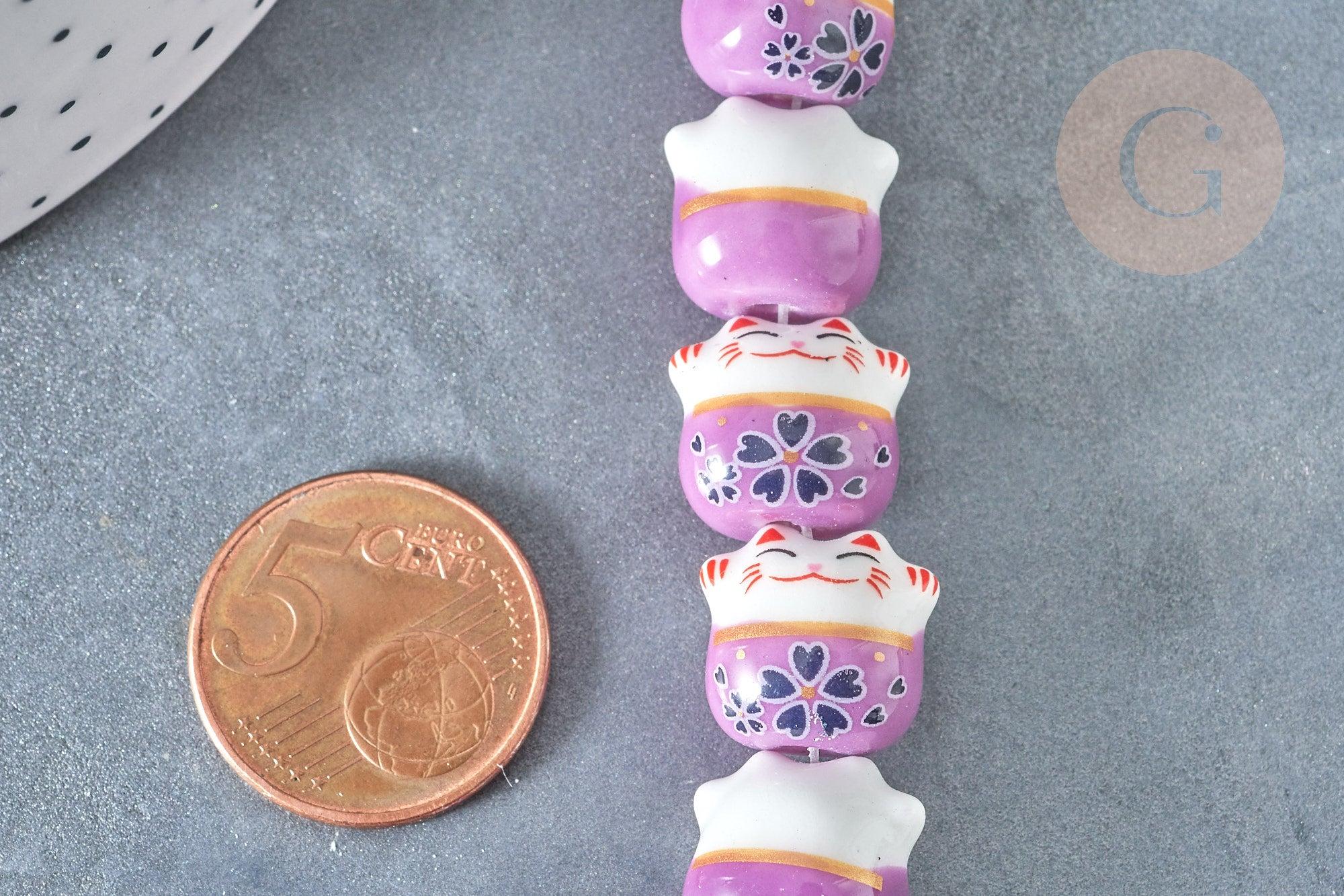 Perle Chat chanceux porcelaine violet 14mm, x5 (G7997)
