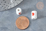Perle Porcelaine tube blanc cœur rouge 12.5x8.5mm, x10 (G7986)
