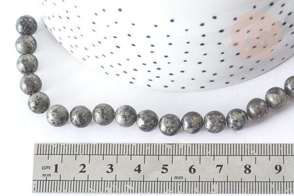 Perle Pyrite Ronde naturelle grise-dorée 8mm, pierre naturelle, x1 fil de 20cm (G7868)