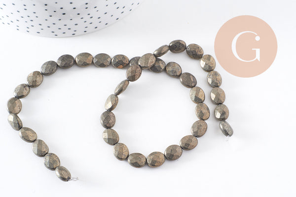Perle Pyrite ovale facettée naturelle grise 10mm, perle bijoux pierre naturelle, x1 le fil de 38 cm (G7875)