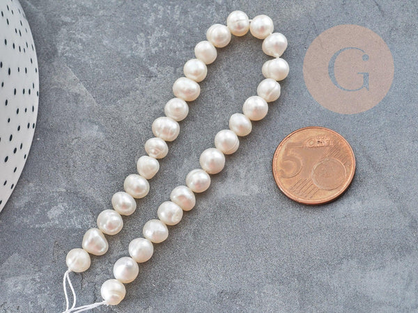 Perle Ronde eau douce naturelle blanc 6~8mm, perle de culture , fil de 17cm, x1 (G9149)