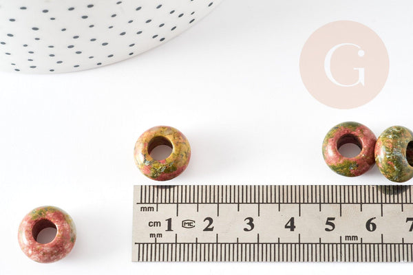 Perle Rondelle donut unakite verte naturelle 14mm, rondelle pierre pour création bijoux x2 (G9215)