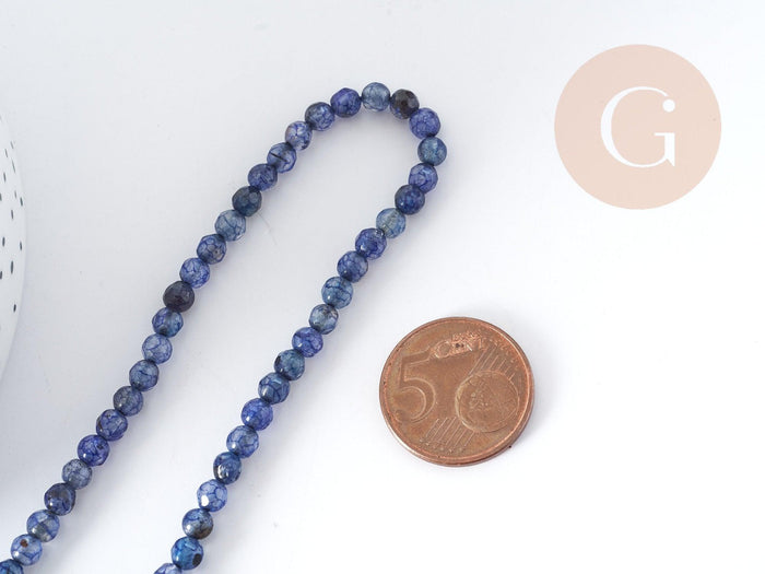 Perle agate ronde facettées agate naturelle bleue 4mm, pierre DIY, fil de 37cm, x1 (G8978)