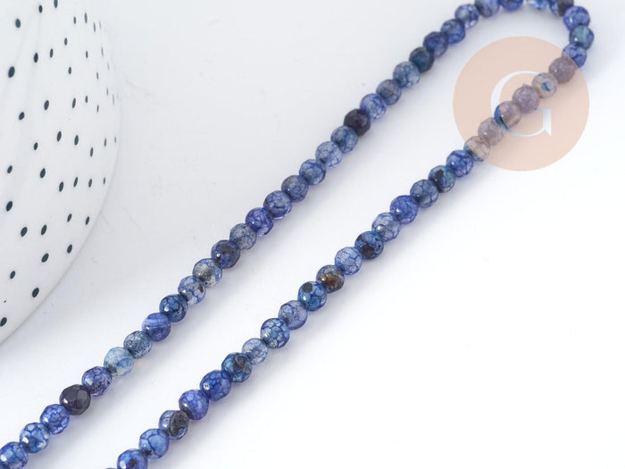 Perle agate ronde facettées agate naturelle bleue 4mm, pierre DIY, fil de 37cm, x1 (G8978)
