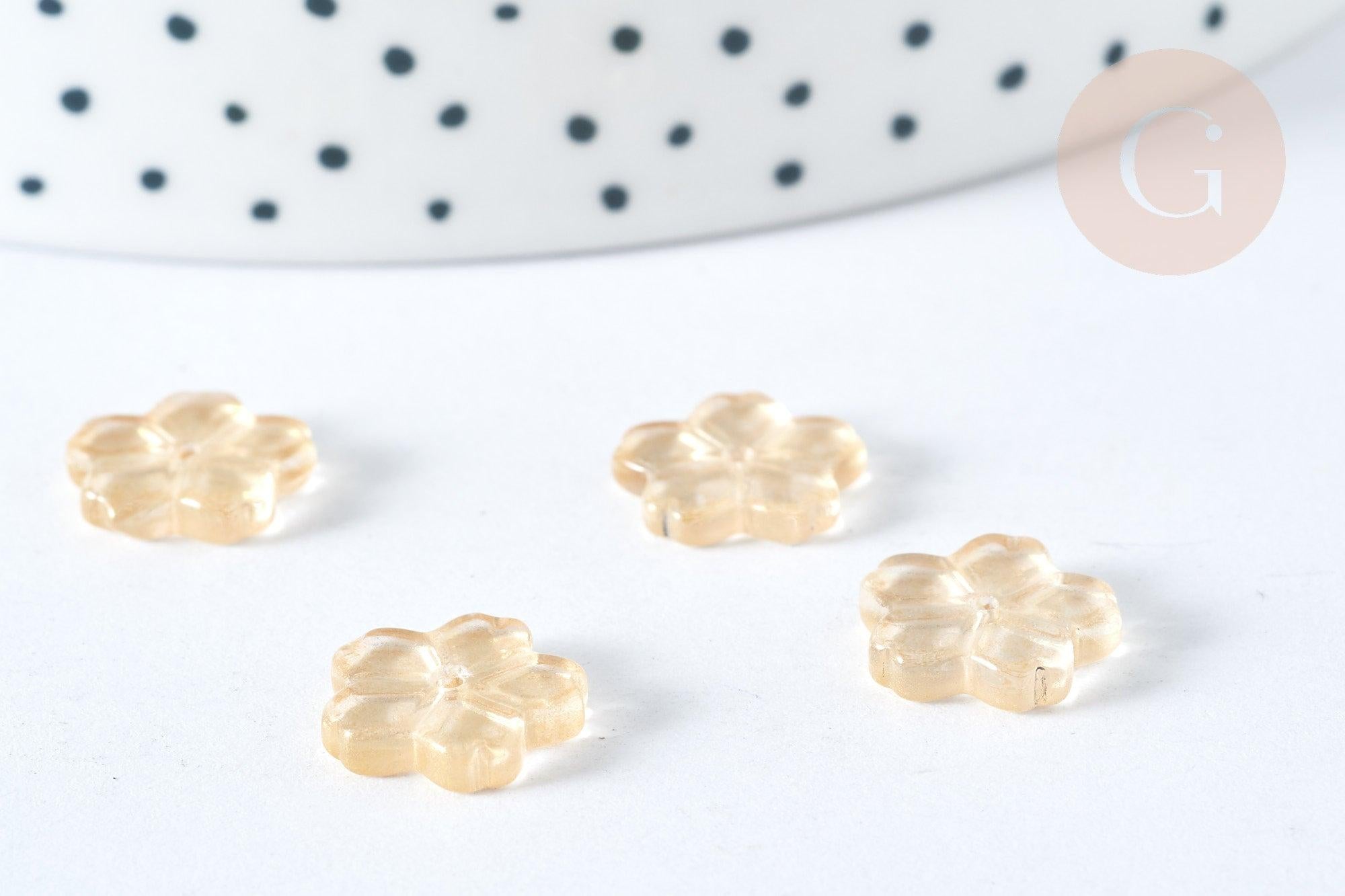 Perle breloque fleur en verre jaune paillettes dorées 11.5mm, x10 (G7564)