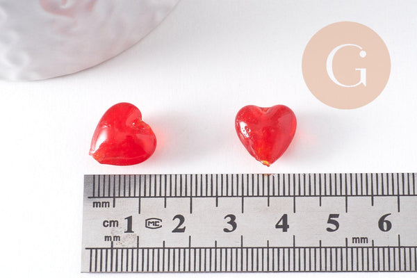 Perle coeur en verre rouge artisanal façon Murano 12mm, x10 (G10389)