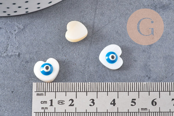 Perle coeur nacre blanche naturelle mauvais oeil bleu clair 12mm, x 10 (G3405)