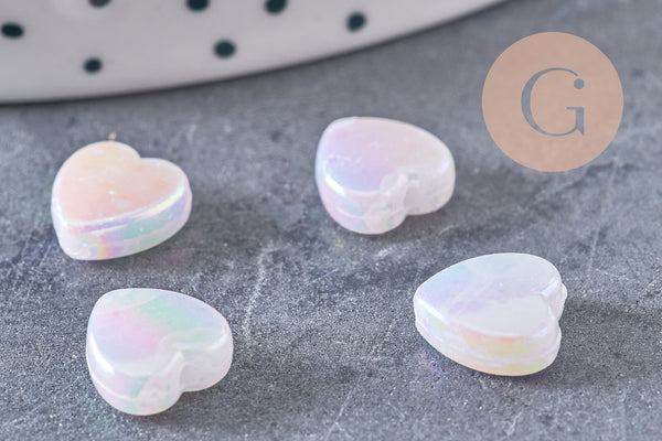Perle coeur plastique acrylique blanc irisé 8mm, x30 (5.7gr) (G3490)
