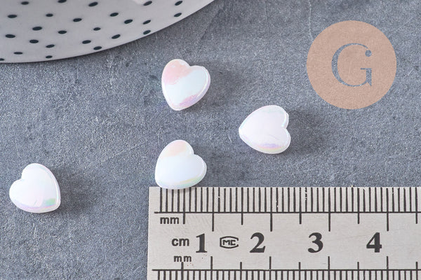 Perle coeur plastique acrylique blanc irisé 8mm, x30 (5.7gr) (G3490)