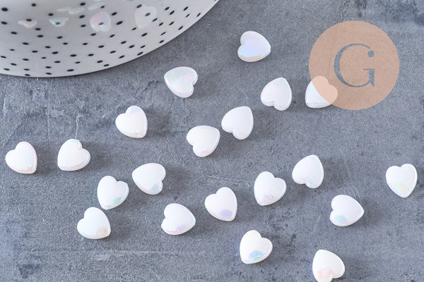 Perle coeur plastique acrylique blanc irisé 8mm, x30 (5.7gr) (G3490)