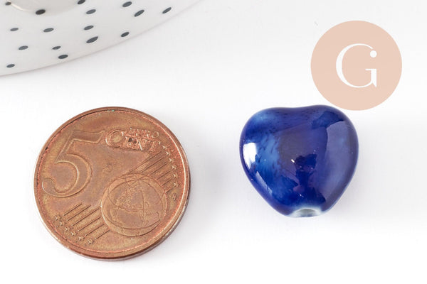 Perle coeur porcelaine bleu foncé 14-15mm, x5 (G9348)