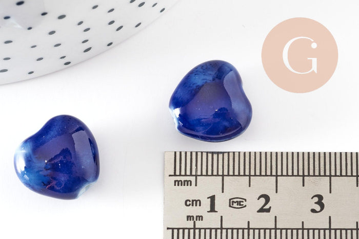 Perle coeur porcelaine bleu foncé 14-15mm, x5 (G9348)