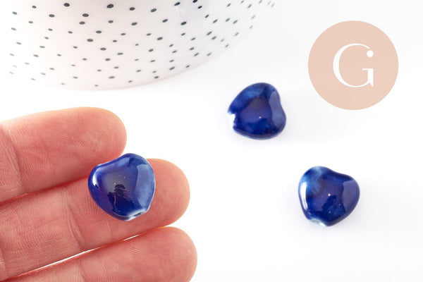 Perle coeur porcelaine bleu foncé 14-15mm, x5 (G9348)