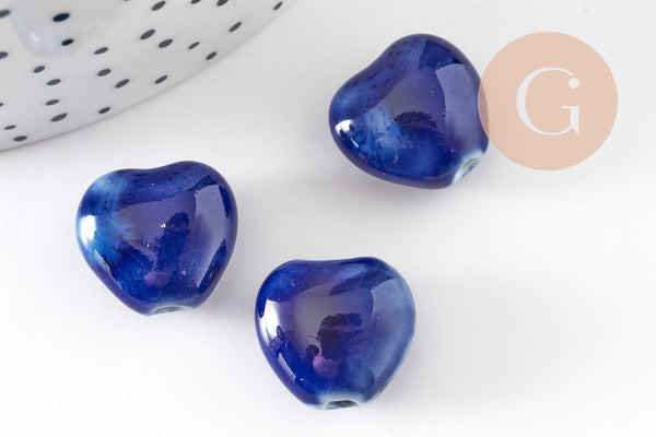 Perle coeur porcelaine bleu foncé 14-15mm, x5 (G9348)