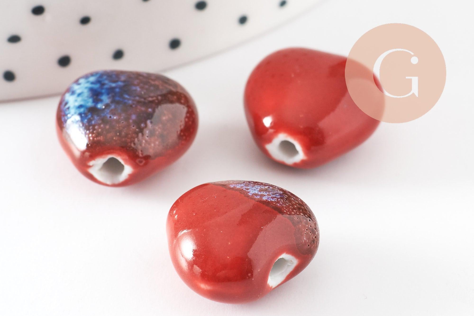 Perle coeur porcelaine rouge-bleu 14-15mm, perle céramique, fabrication bijoux amour et amitié x5 (G9349)