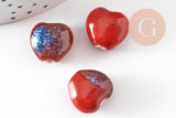 Perle coeur porcelaine rouge-bleu 14-15mm, perle céramique, fabrication bijoux amour et amitié x5 (G9349)