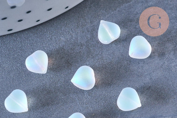 Perle coeur verre blanc irisé 6mm, des perles en verre pour création bijoux x10 (G6595)