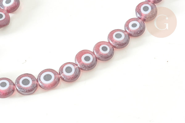 Perle disque Mauvais Oeil Grecque verre violet prune,perle verre chance, perle artisanale verre le fil de 36.9cm, x1 (G7749)