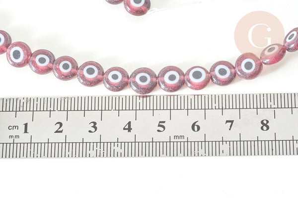 Perle disque Mauvais Oeil Grecque verre violet prune,perle verre chance, perle artisanale verre le fil de 36.9cm, x1 (G7749)