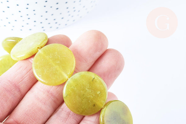 Perle disque jade naturel jaune 25mm,bijoux pierre naturelle, x5 G6466